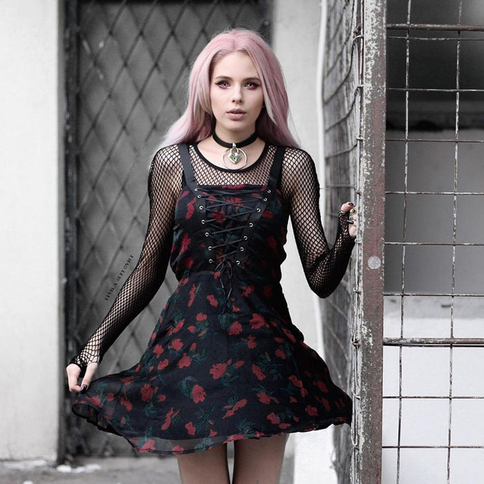 VenusFox Gothic Autumn Sexy Punk Woman High Waist A Line Dress Vintage Goth Dark Bandage Flower Print Mesh Y2K Chiffon Dress  Alt Clothes