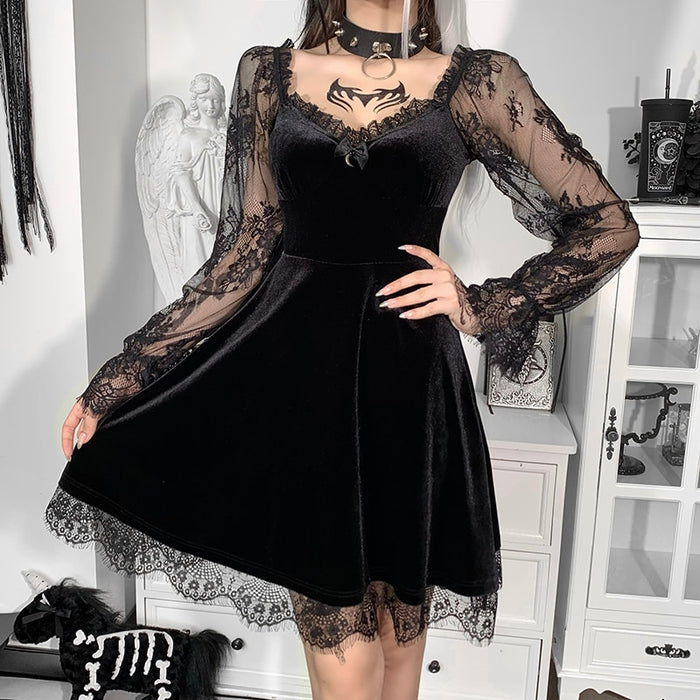 VenusFox Goth Dark Academia Sexy Woman High Waist A Line Dress Gothic Vintage V-Neck Lace Mesh Flare Sleeve Y2K Dress Egirl Alt Clothes