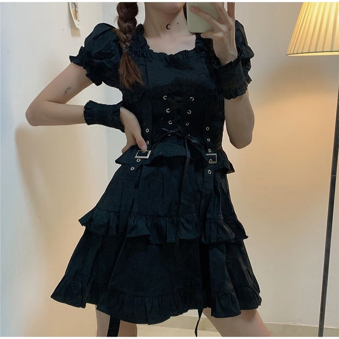 VenusFox Women's Gothic Lolita Dress Goth Punk Gothic Harajuku Mall Goth Style Bandage Black Dress Emo Clothes Dress Spring 2021