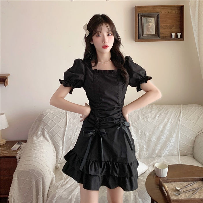 VenusFox Lolita Mini Dress for Women Gothic Goth Punk Harajuku Mall Goth Style Bandage Black Dresses High Waist Clothes Dress Spring