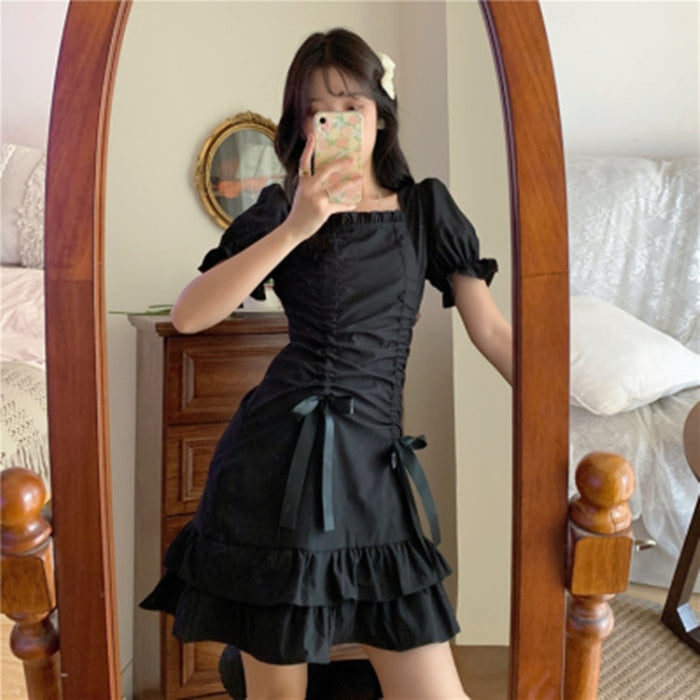 VenusFox Lolita Mini Dress for Women Gothic Goth Punk Harajuku Mall Goth Style Bandage Black Dresses High Waist Clothes Dress Spring