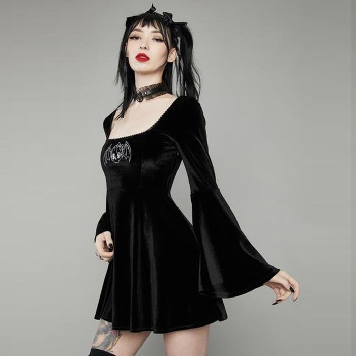 VenusFox Gohtic Sexy Woman High Waist A Line Dress Goth Dark Flare Sleeve Square Neck Backless Print Pleated Y2K Dress Egirl Alt Clohtes