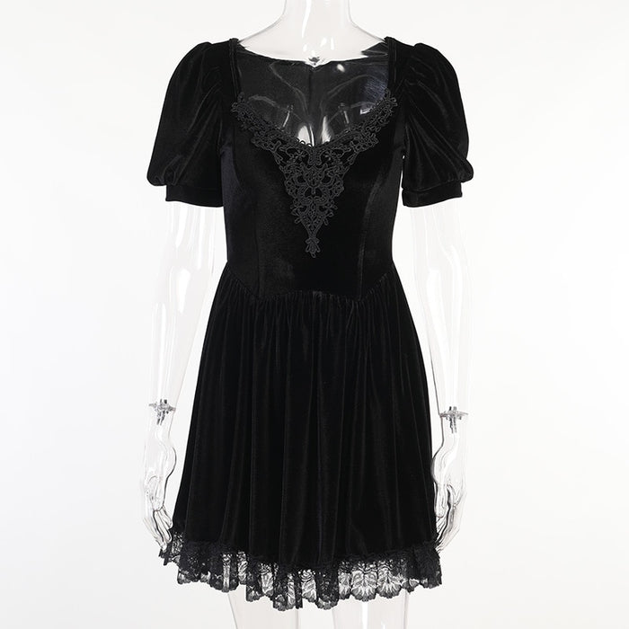 VenusFox Goth Dark Academia Sexy High Waist Y2K Pleated Dress Vintage V-Neck Hollow Out Puff Sleeve Lace A Line Dress Woman Alt Clothes