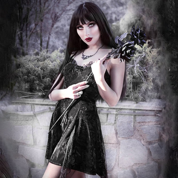 VenusFox Gothic Sexy High Waist Y2k Dress Mall Goth Vintage V Neck Lace Trim Backless Split Spaghetti Straps Dress Egirl Emo Alt Clothes
