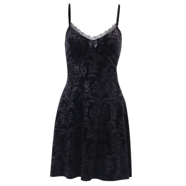 VenusFox Goth Apparel Sexy Spaghetti Straps Black Mini Dress Gothic Harajuku Vintage Print Lace Pleated Dress Summer Sleeveless Dress