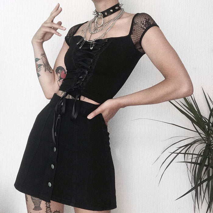 VenusFox Goth Dark Victorian Dress Corset T-shirts Bandage Black Punk Women Crop Tops Short Sleeve V-neck Sexy Lolita Bustier Blouse
