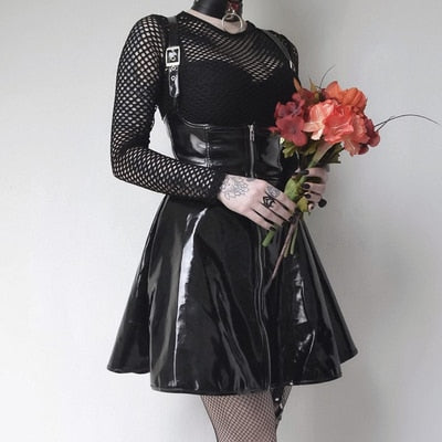 VenusFox Black Gothic Lolita Dress PU Suspender Backless Dress Sexy Girl Tight Cool Punk Goth Loli Cos Dress Female