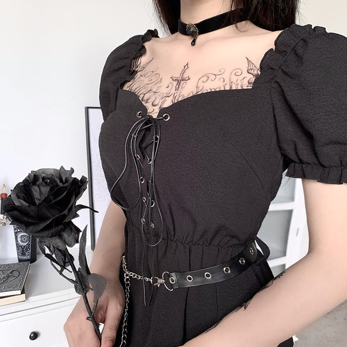 VenusFox Goth Apparel Harajuku Black Mini Dress Gothic Streetwear Bandage Patchwork V-neck Vintage Female Dress Puff Sleeve Lady Dress