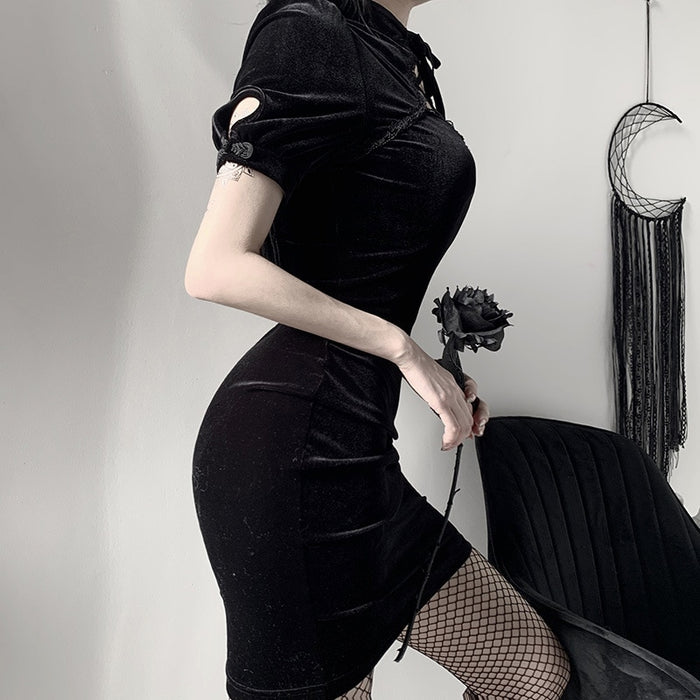 VenusFox Goth Apparel Retro Bandage Black Short Sleeve Mini Dress Women Gothic Streetwear Female Dress Elegent Vintage Party