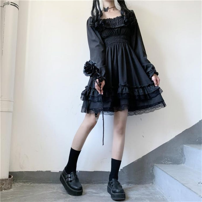 VenusFox Japanese Fashion Women's Gothic Lolita Dress Goth Punk Harajuku Mall Style Ruffle Bandage Black Mini Dresses