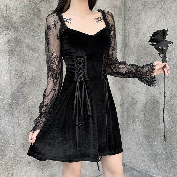 VenusFox Goth Apparel Lolita Bandage Black Dress Women Vintage Sexy Lace Puff Sleeve Dress Aesthetic Elegant High Waist Party Dresses