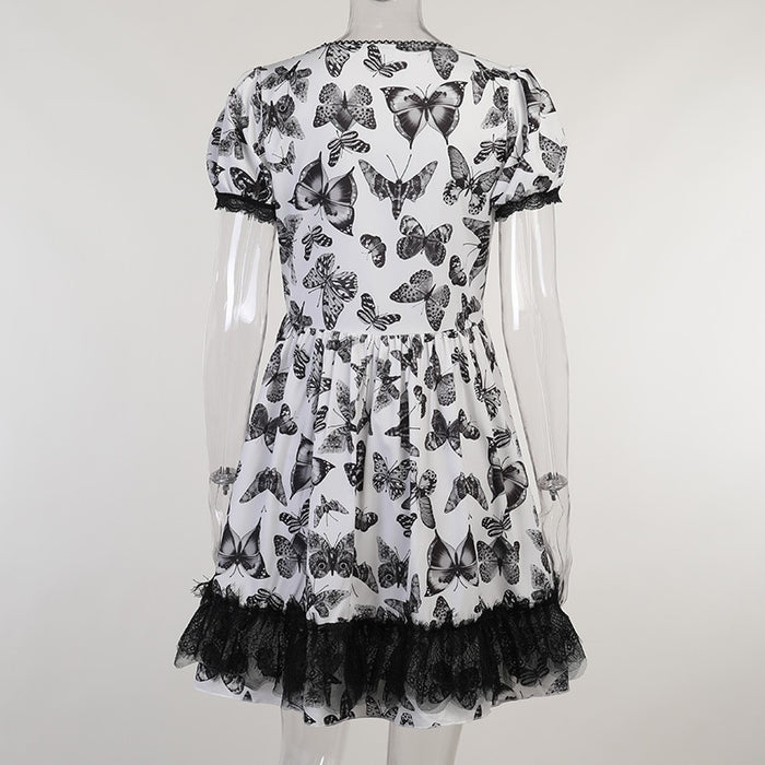 VenusFox Dark Goth Butterfly Black Dress Vintage Lace Trim A Line Mini Dress Harajuku Short Sleeve High Waist Party Club Dresses