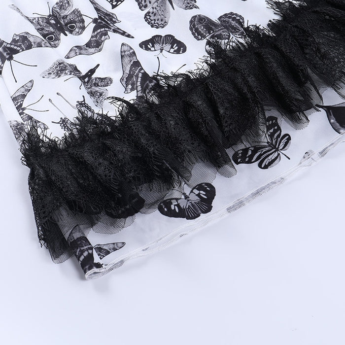 VenusFox Dark Goth Butterfly Black Dress Vintage Lace Trim A Line Mini Dress Harajuku Short Sleeve High Waist Party Club Dresses