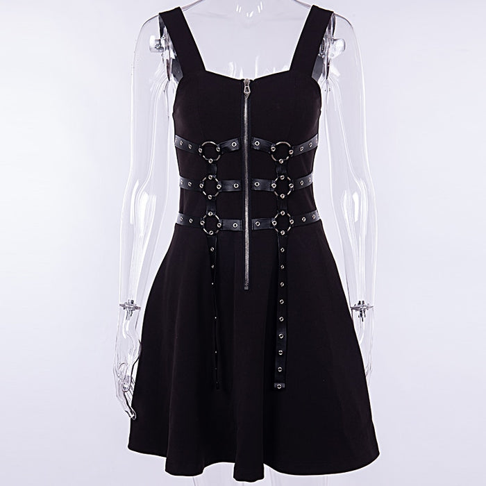 VenusFox Gothic Spaghetti Strap BlackBackless Dress Streetwear Punk Mini Dresses Grunge High Waist Metal Belt A-Line Zipper Goth Clothes