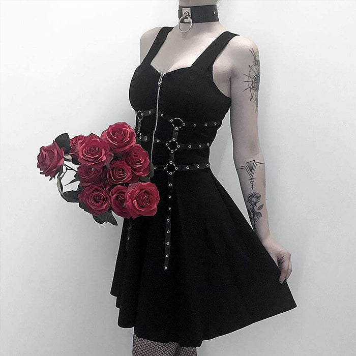 VenusFox Gothic Spaghetti Strap BlackBackless Dress Streetwear Punk Mini Dresses Grunge High Waist Metal Belt A-Line Zipper Goth Clothes