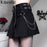 VenusFox Gothic Summer High Waist Short Skirt Zipper Lron Chain Punk Women Sexy PU Leather Belt Goth Cosplay Lady A-Line Mini Dresses
