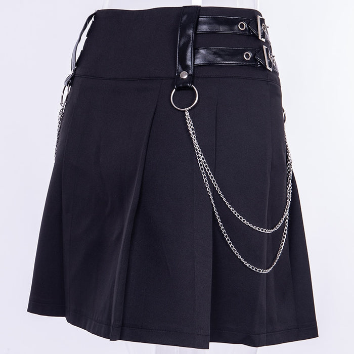 VenusFox Gothic Summer High Waist Short Skirt Zipper Lron Chain Punk Women Sexy PU Leather Belt Goth Cosplay Lady A-Line Mini Dresses