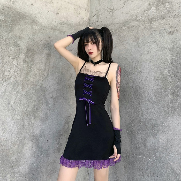 VenusFox Gothic Lace Hem Mini Dress Spaghetti Strap Emo E-girl Backless Punk Vintage Lace-up Sexy Harajuku Aesthetic Goth Summer Dresses