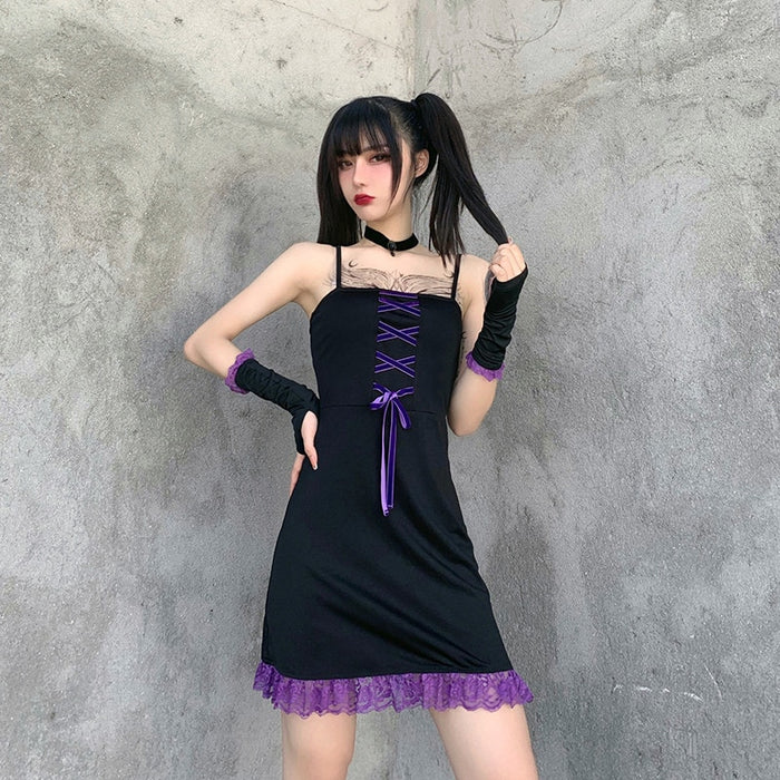 VenusFox Gothic Lace Hem Mini Dress Spaghetti Strap Emo E-girl Backless Punk Vintage Lace-up Sexy Harajuku Aesthetic Goth Summer Dresses
