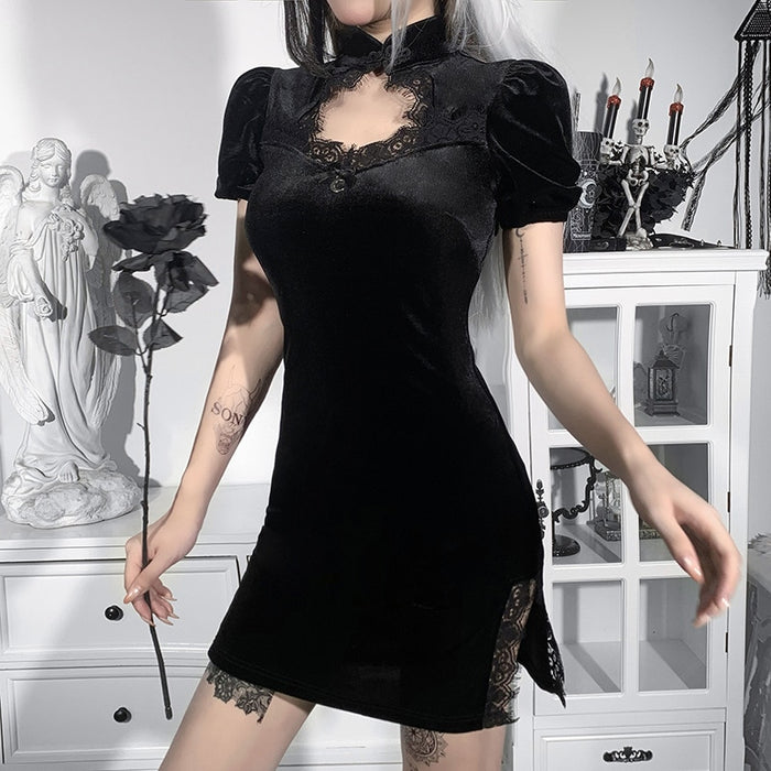 VenusFox Goth Apparel Vintage Velvet Black Dress Harajuku High Waist Party Mini Dress Aesthetic Elegant Lace Trim Split Women Dresses