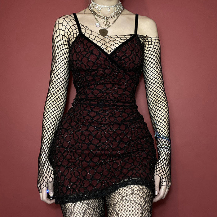 VenusFox Sexy Mesh Sequin Black Dress Plaid Print Dark Goth Bling Deep V-neck Gothic Dress Party Club Streetwear Missme
