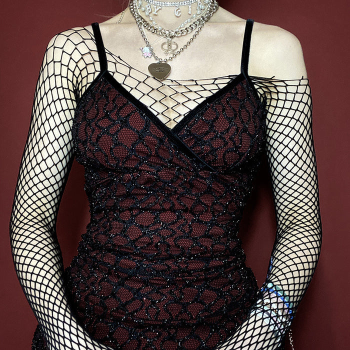 VenusFox Sexy Mesh Sequin Black Dress Plaid Print Dark Goth Bling Deep V-neck Gothic Dress Party Club Streetwear Missme