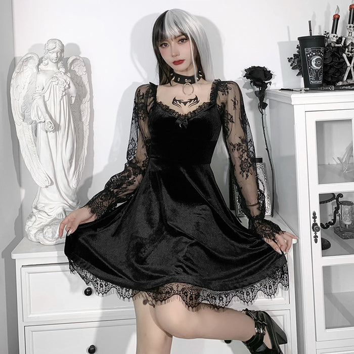 VenusFox Dark Goth Sexy Lace Pleated Black Dress Square Neck Lantern Sleeve Backless Gothic Dress Mesh Elegant Dresses Streetwear Missme