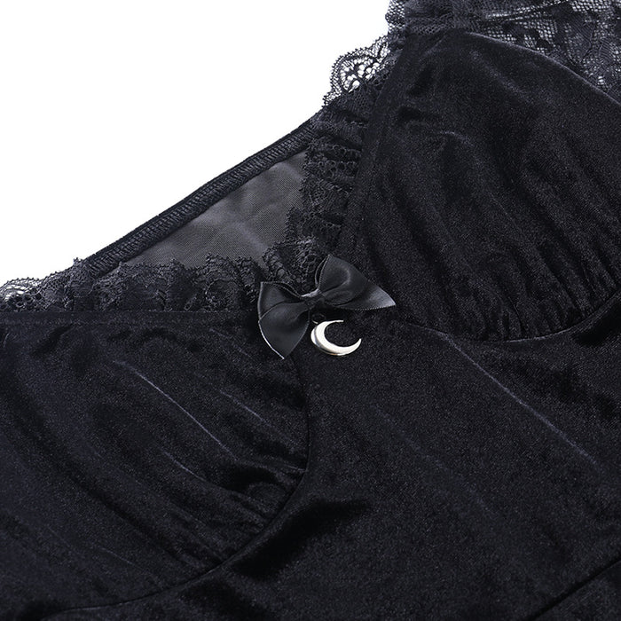 VenusFox Dark Goth Sexy Lace Pleated Black Dress Square Neck Lantern Sleeve Backless Gothic Dress Mesh Elegant Dresses Streetwear Missme