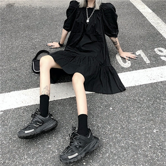 VenusFox Women's Punk Goth Dress Gothic Harajuku Streetwear Puff Sleeve Black Ruched Mini Dress Summer Emo Dress Woman Clothes