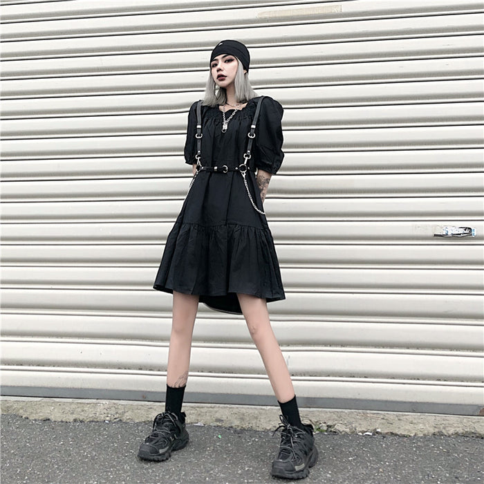 VenusFox Women's Punk Goth Dress Gothic Harajuku Streetwear Puff Sleeve Black Ruched Mini Dress Summer Emo Dress Woman Clothes