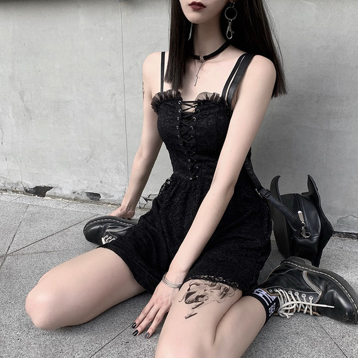 VenusFox Mall Goth Sexy Lace Vintage Dress Spaghetti Straps Dress Gothic Streetwear Pleated Hollow Out Dark Street Black Dress for Women