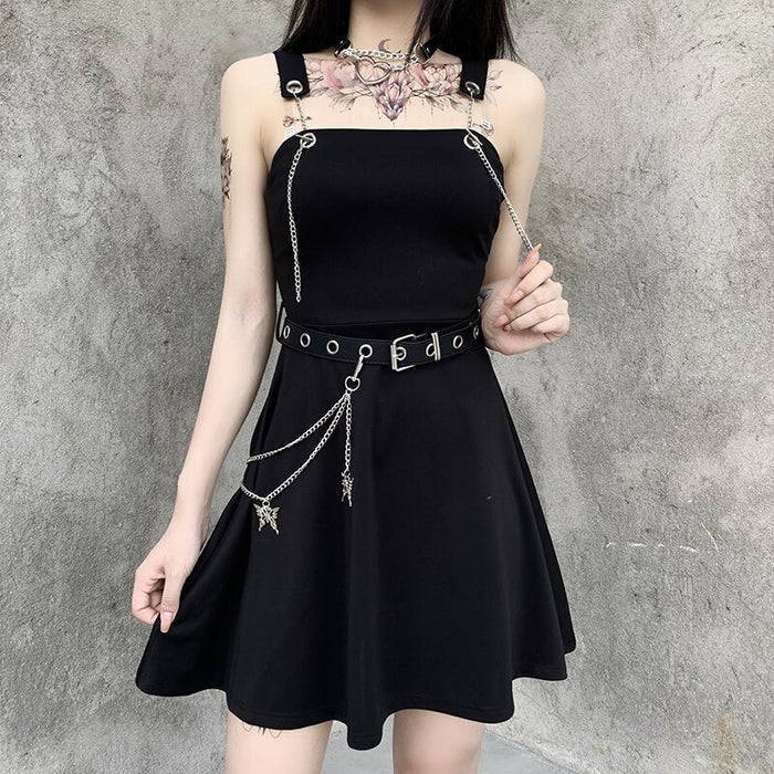 VenusFox Gothic Aesthetic Sexy High Waist A Line Dress Y2K Punk Mall Goth Chain Belts Spaghetti Straps Mini Dress Egirl Emo Alt Clothes