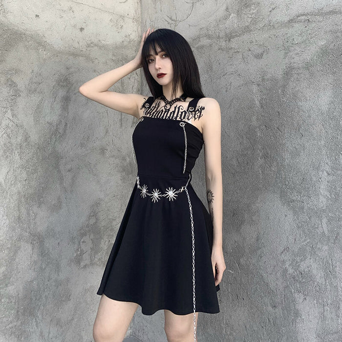 VenusFox Gothic Aesthetic Sexy High Waist A Line Dress Y2K Punk Mall Goth Chain Belts Spaghetti Straps Mini Dress Egirl Emo Alt Clothes