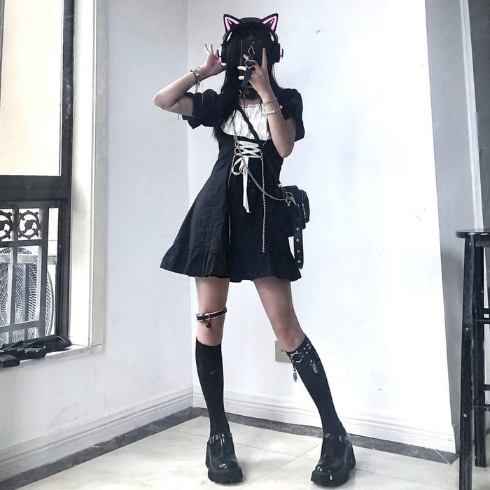 VenusFox Goth Maid Dress Kawaii Gothic Milkmaid  Lolita Outfit Cosplay Costume E Girl Puff Sleeve Bandage Dress Mall Goth Emo