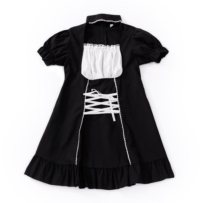 VenusFox Goth Maid Dress Kawaii Gothic Milkmaid  Lolita Outfit Cosplay Costume E Girl Puff Sleeve Bandage Dress Mall Goth Emo