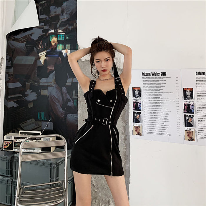VenusFox Black Punk Mall Goth Mini Dress Women E-girl Dark Aesthetic Cyber Y2K Dress Fairy Grunge Emo Alternative Clothes Korean Fashion