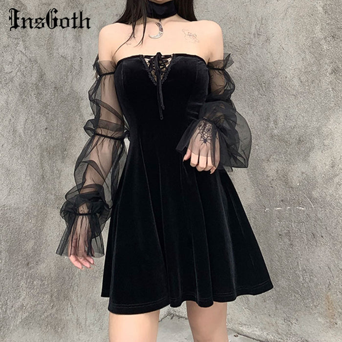 VenusFox InsGoth Gothic Vintage Sexy Lace Up Black Dress Goth Aesthetic Mesh Long Sleeve Mini Dress Women Harajuku High Waist Party Dress