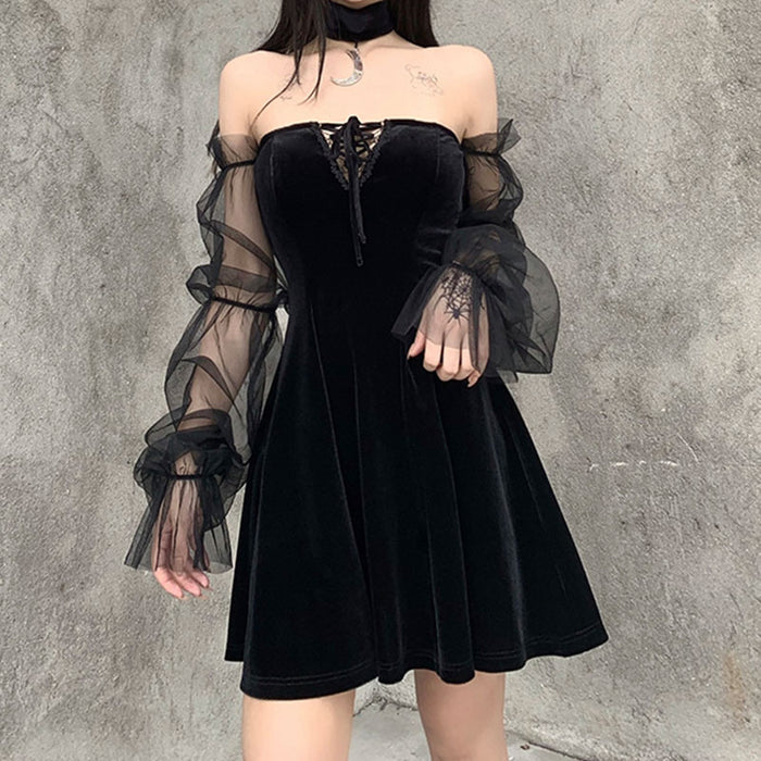 VenusFox InsGoth Gothic Vintage Sexy Lace Up Black Dress Goth Aesthetic Mesh Long Sleeve Mini Dress Women Harajuku High Waist Party Dress