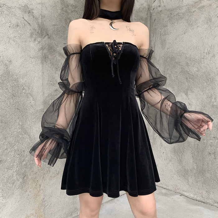 VenusFox InsGoth Gothic Vintage Sexy Lace Up Black Dress Goth Aesthetic Mesh Long Sleeve Mini Dress Women Harajuku High Waist Party Dress