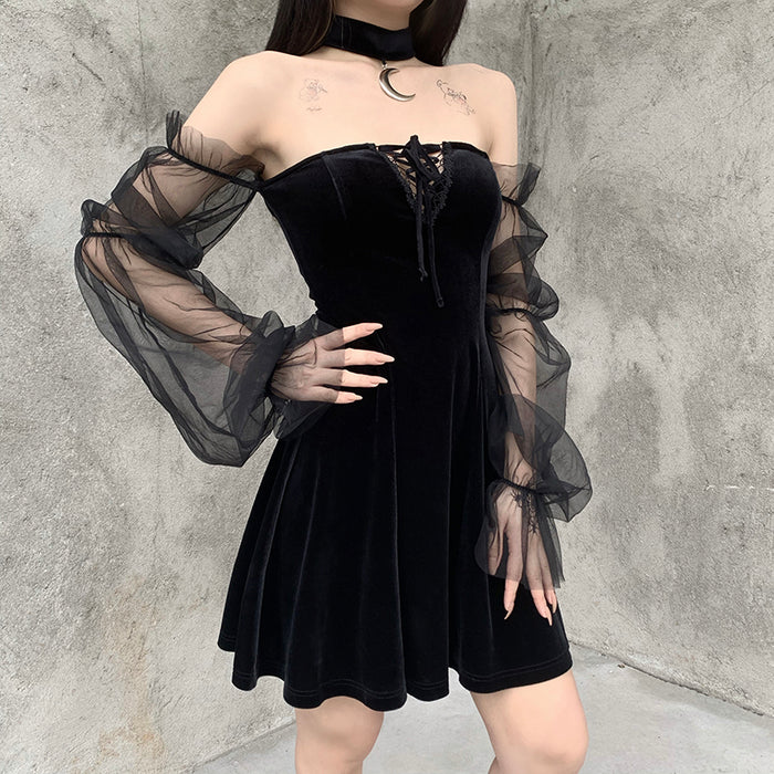 VenusFox InsGoth Gothic Vintage Sexy Lace Up Black Dress Goth Aesthetic Mesh Long Sleeve Mini Dress Women Harajuku High Waist Party Dress