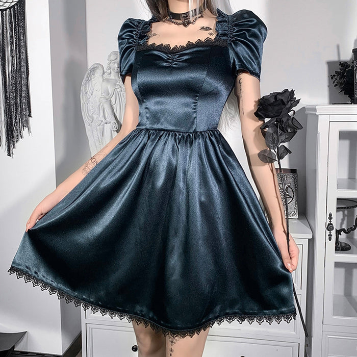 VenusFox Gothes Dark Elegant Lace Trim Gothic A-line Dress Vintage Women Ruched Front Puff Sleeve Mini Dress Autumn Fashion Slim Clubwear