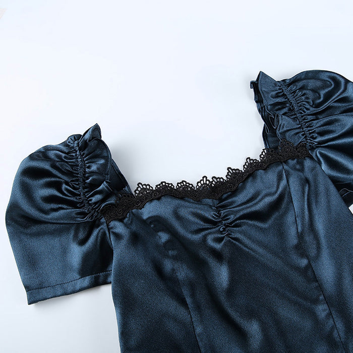 VenusFox Gothes Dark Elegant Lace Trim Gothic A-line Dress Vintage Women Ruched Front Puff Sleeve Mini Dress Autumn Fashion Slim Clubwear