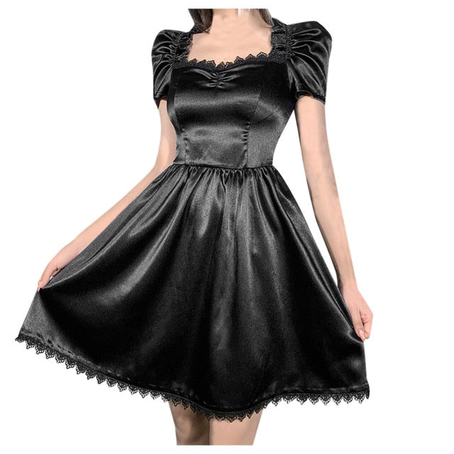 VenusFox Gothes Dark Elegant Lace Trim Gothic A-line Dress Vintage Women Ruched Front Puff Sleeve Mini Dress Autumn Fashion Slim Clubwear