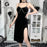 VenusFox Sexy Vintage Gothic Grunge Black Party Robe Women Dark Goth Punk Rock Velvet Chain Strap Midi Dress Split Summer Ladies Clothes