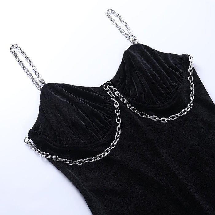 VenusFox Sexy Vintage Gothic Grunge Black Party Robe Women Dark Goth Punk Rock Velvet Chain Strap Midi Dress Split Summer Ladies Clothes