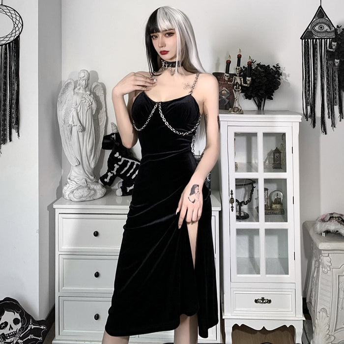 VenusFox Sexy Vintage Gothic Grunge Black Party Robe Women Dark Goth Punk Rock Velvet Chain Strap Midi Dress Split Summer Ladies Clothes