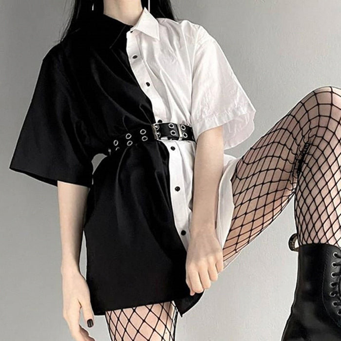 VenusFox Goth Dark Loose High Waist Mini Dress Patchwork Summer Fashion Gothic Women Dress Turn-Down Collar Casual Party Dresses 2021 90s