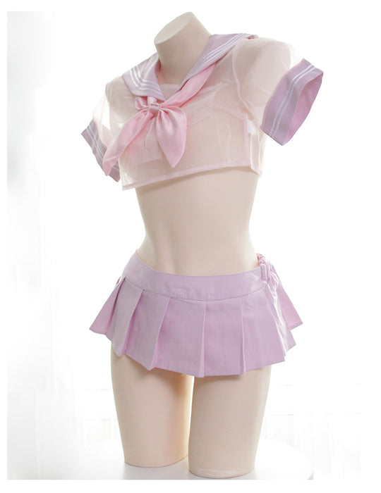 VenusFox Sexy Anime Girl Pink Student Uniform Japanese Women's Transparent Sailor Suit Cosplay Lingerie Nightdress School Girl Costume
