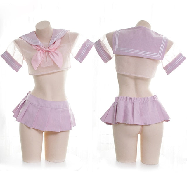 VenusFox Sexy Anime Girl Pink Student Uniform Japanese Women's Transparent Sailor Suit Cosplay Lingerie Nightdress School Girl Costume