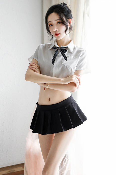VenusFox Hot Womens Student Nightwear Uniform with Front Tie Plaid Mini Skirt Black Exotic Costumes Role Play Sexy School Girls Lingerie